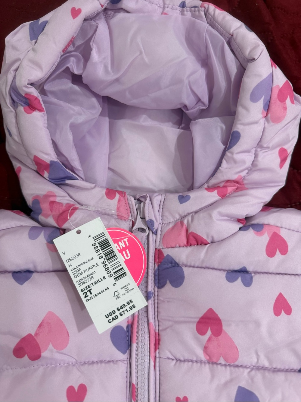 The Children's Place Lavender Pink Purple Heart Puffer Jacket